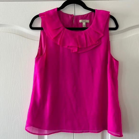 NWOT J Crew 100% silk fuscia pink sleeveless pleated ruffle round neck blouse - Picture 2 of 9